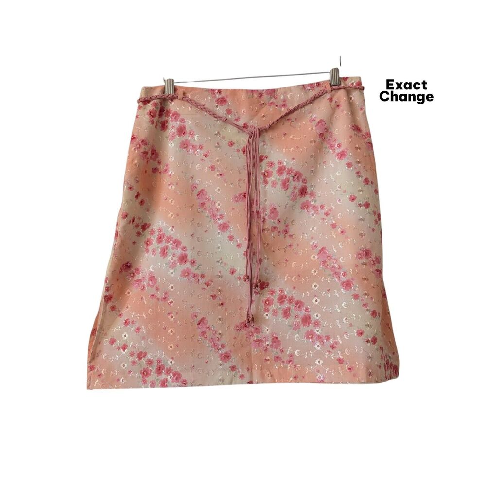 Exact Change Floral Embroidered Skirt Size 13 Pink Peach Y2K Tie Waist